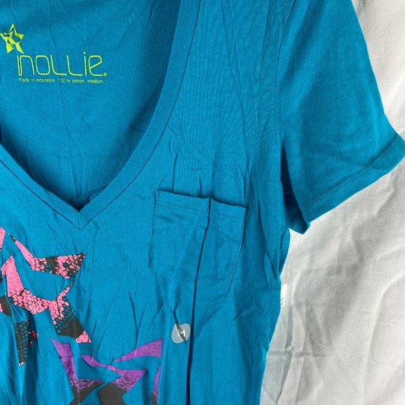 Nollie Blue Teal V-Neck Graphic T-Shirt Size M - Picture 5 of 9